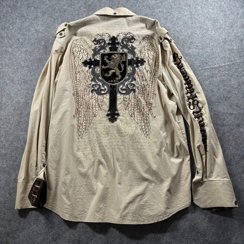 Sinners Born Shirt Mens 2XL Tan Button Up Graphic Wing Cross Rhinestone Y2K
